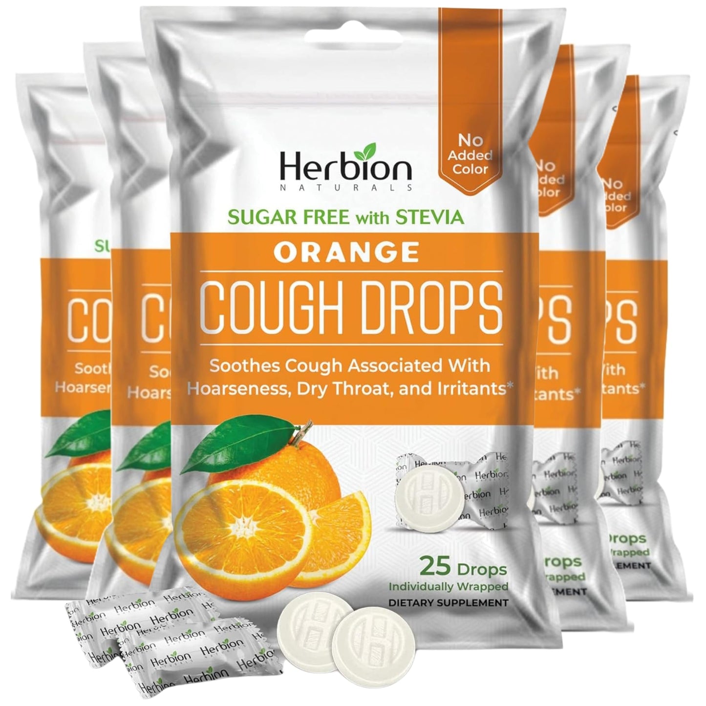 HERBION Naturals Cough Drops with Orange Flavor, Sugar-Free with Stevia, Soothes Cough, for Adults and Children Over 6 Years – Pack of 5(125 Lozenges)