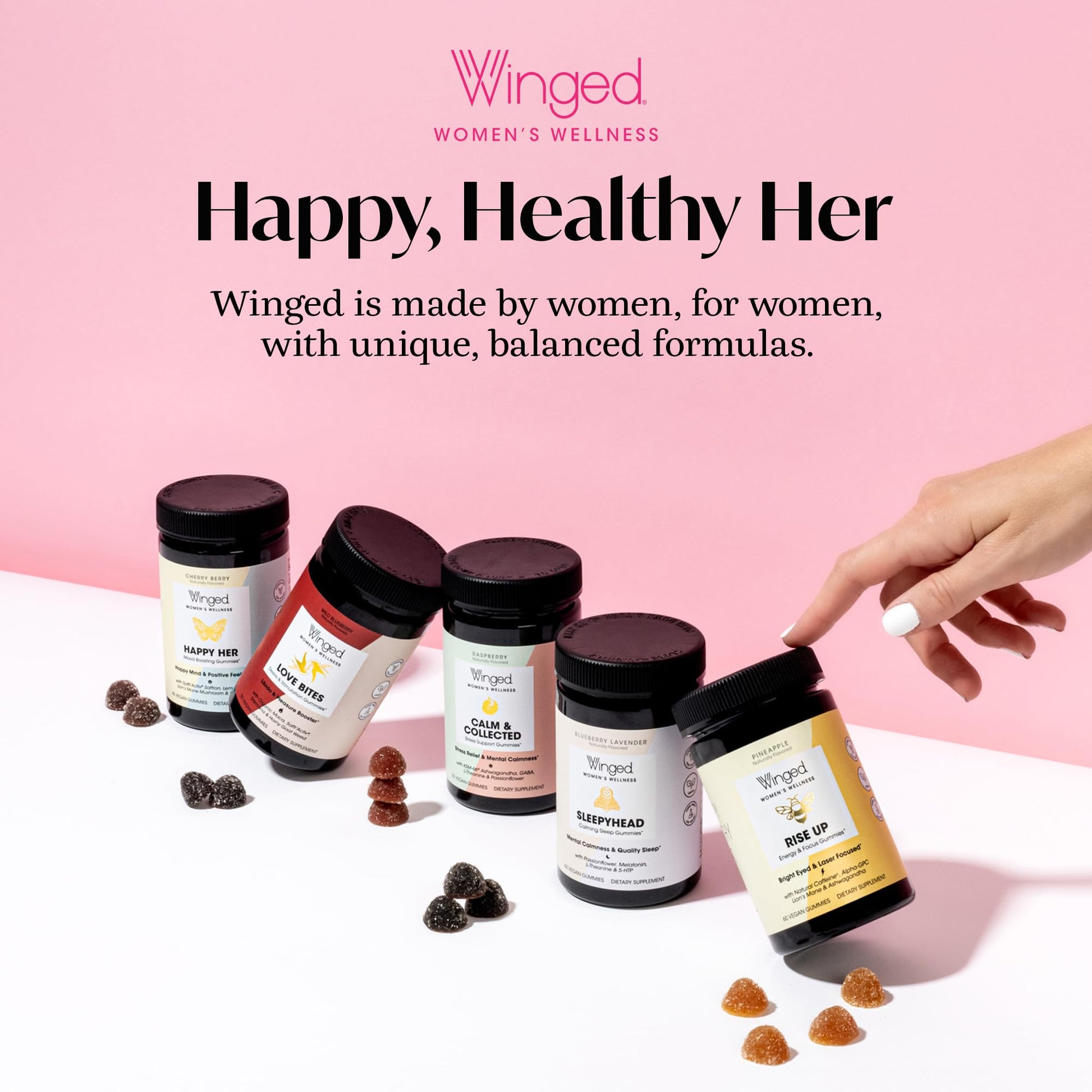 Winged Wellness Happy Her Mood Gummies - Daily Mood Enhancer Support Supplement for Women - Vitamin D with Saffron, Lemon Balm, & Lions Mane Mushrooms for Balance & Calming Relief - 50 Vegan Gummies Winged buy supplements Au