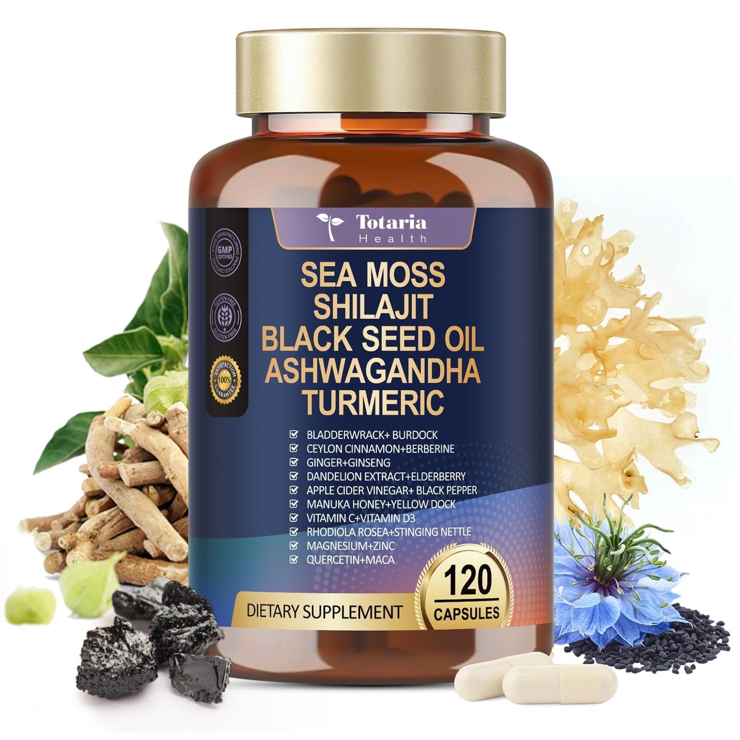 25-in-1 Sea Moss Black Seed Oil Ashwagandha Ginger Shilajit Supplement, Sea Moss Capsules Pro with Bladder Burdock Ceylon Cinnamon Berberine ACV Manuka VIT C & D3 for Men Women, 120 Vegan Caps TotariaBuy Supplements Australia