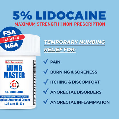Clinical Resolution Numb Master 5% Lidocaine Numbing Cream for Pain Relief, Topical Anesthetic Burn Itch Cream Maximum Strength, Fast Acting Hemorrhoid Treatment with Vitamin E and Aloe, 1.25 Oz