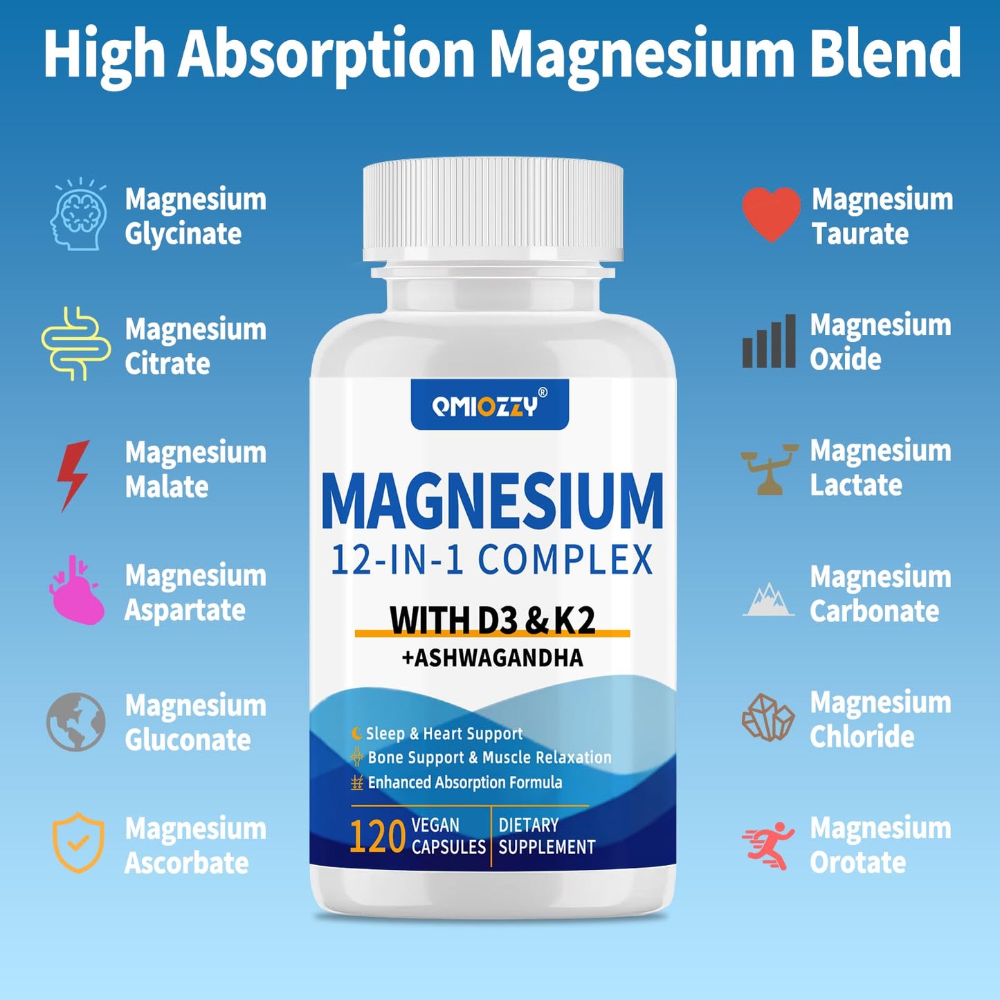 Magnesium Complex 12 in 1 Supplement for Women & Men 700mg, Magnesium Glycinate with Vitamin D3 K2, Citrate Malate Oxide Taurate Aspartate Orotate, for Relaxation, Heart, Energy, Muscle, 120 Capsules Qmiozzy buy supplements Au