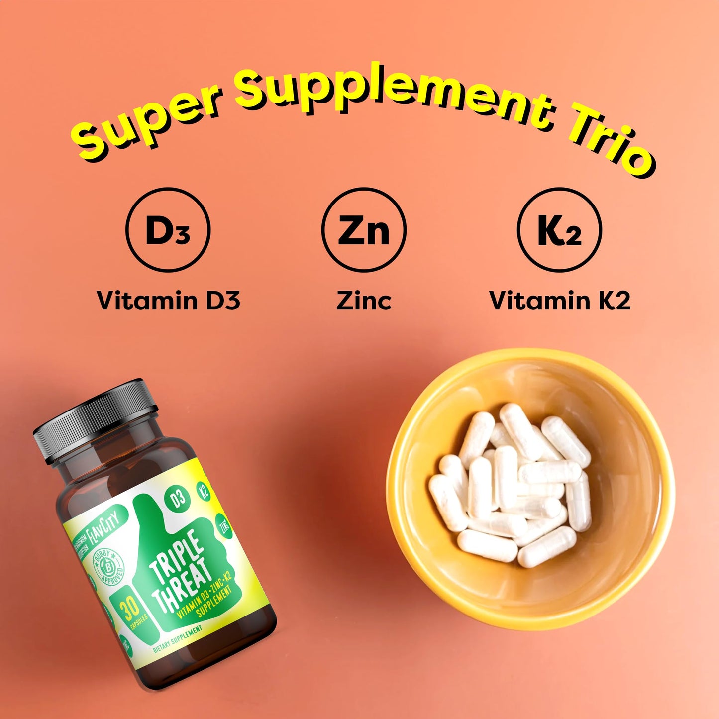 FlavCity Vitamin D3, K2 & Zinc - Triple Threat Supplement - Daily or Seasonal Immune Support - Vitamin D with K2 for Enhanced Absorption -