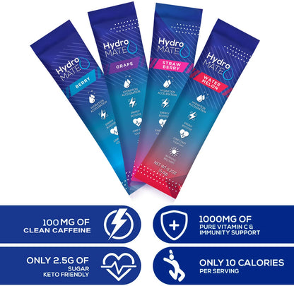 HydroMATE Electrolytes Powder Drink Mix Packets Hydration Accelerator Low Sugar Party Favors for Rapid Recovery Vitamin C Plu