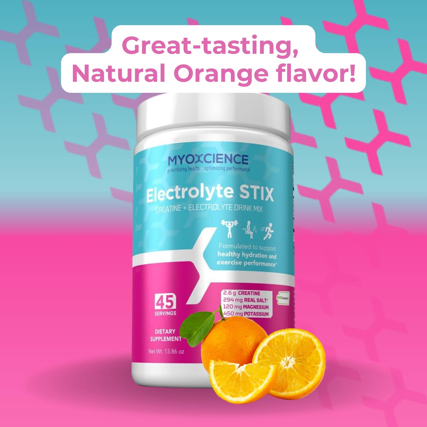MYOXCIENCE Electrolyte STIX | Creatine Electrolyte Powder | Recovery from Exercise & Muscle Development w/Real Salt (Natural Orange Flavor) (Jar 45 ct) MYOXCIENCE buy supplements Au