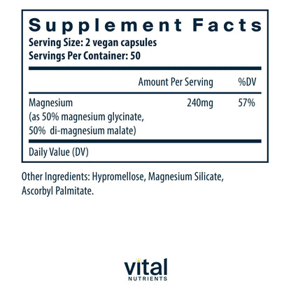 Vital Nutrients Magnesium Glycinate + Malate - 120mg Vegan Magnesium Supplement for Women and Men - Muscle, Heart, Bone Support* - Promotes Relaxation - Gluten, Dairy and Soy Free - 100 Capsules Vital NutrientsBuy Supplements Australia