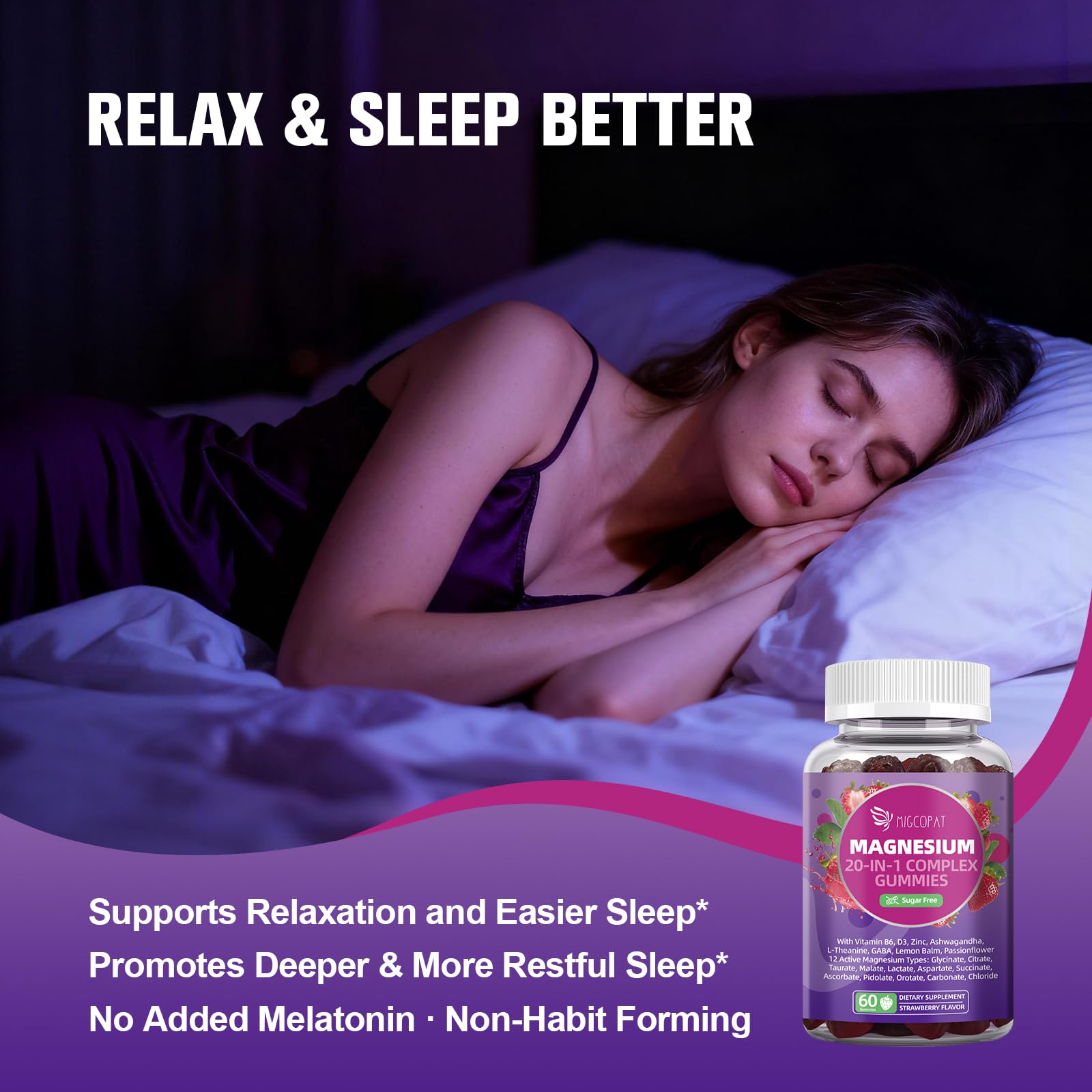 Migcopat Magnesium Complex Gummies, 20 in 1 Magnesium Gummy with Glycinate Citrate Malate Taurate - Ashwagandha, L-Theanine, D3&Zinc for Relaxation, Sleep, Muscle&Heart Support, Strawberry, 60 Cts MigcopatBuy Supplements Australia
