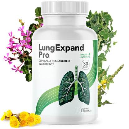 LungExpand Pro dietary supplement bottle with nature-themed design on a white background