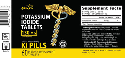Potassium Iodide Tablets 130 mg - (60 Tablets) 10 Year Shelf-Life EXP 2034 to 2035 - Ki Pills - Yoduro de potasio - Nutri Supplements - 3rd Party Tested