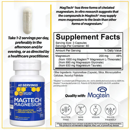 MagTech Magnesium Supplement - 3 Forms of Magnesium: Magtein L-Threonate, Glycinate & Taurate - 200mg Chelated Magnesium Complex