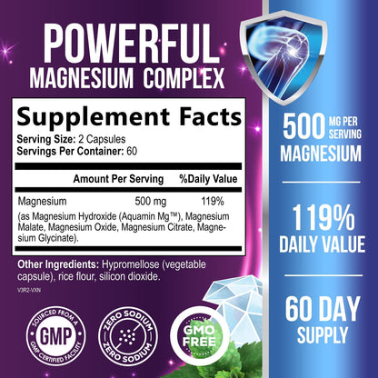 Magnesium Complex Capsules - 500mg per Serving Magnesium - High Absorption Chelated Mineral Supplement - with Oxide, Glycinate, Malate, Citrate for Muscle Bone and Heart Health Support - 120 Capsules Health Nutrition Naturals buy supplements Au