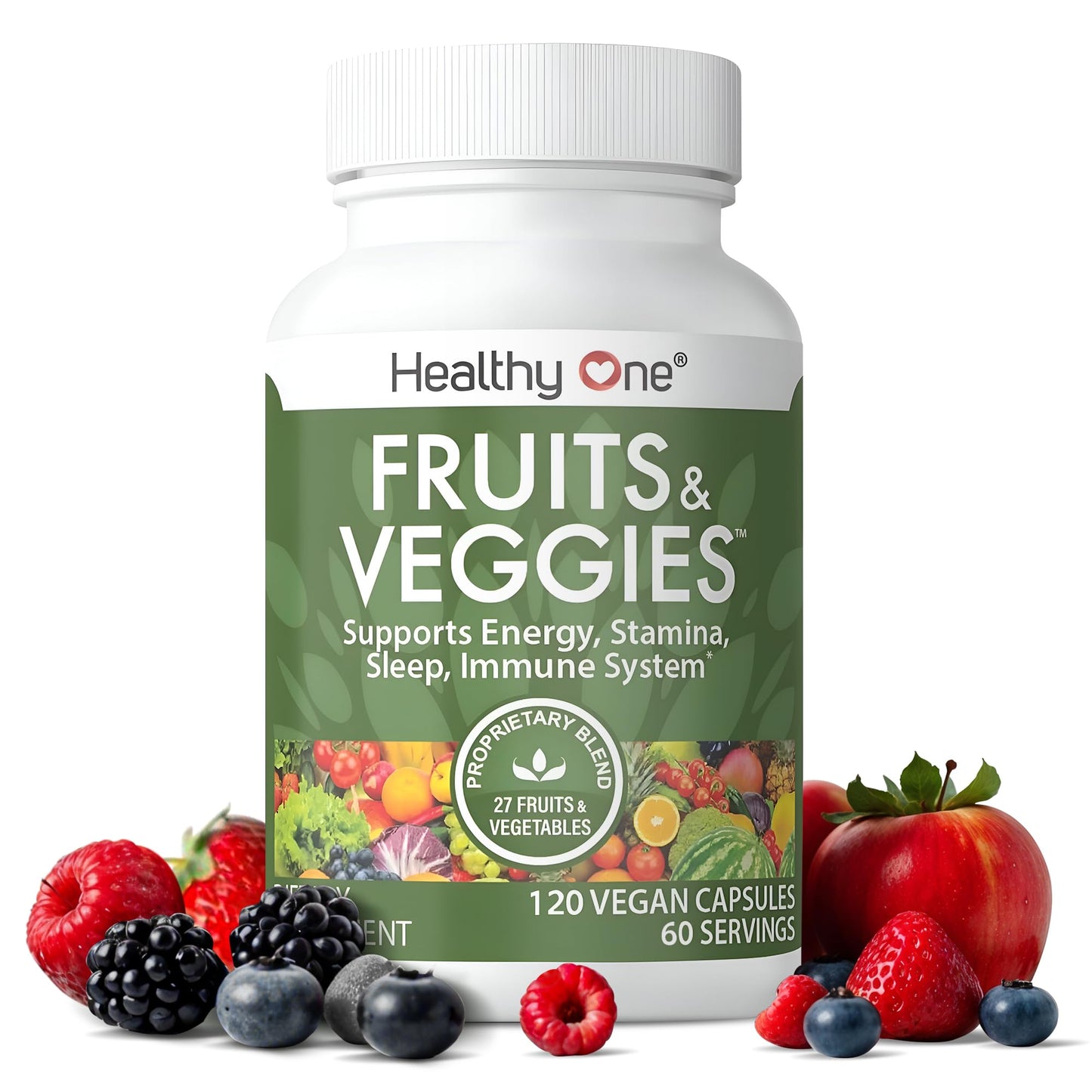 Supplement bottle labeled 'Fruits & Veggies' by Healthy One with fruits and vegetables on a white background