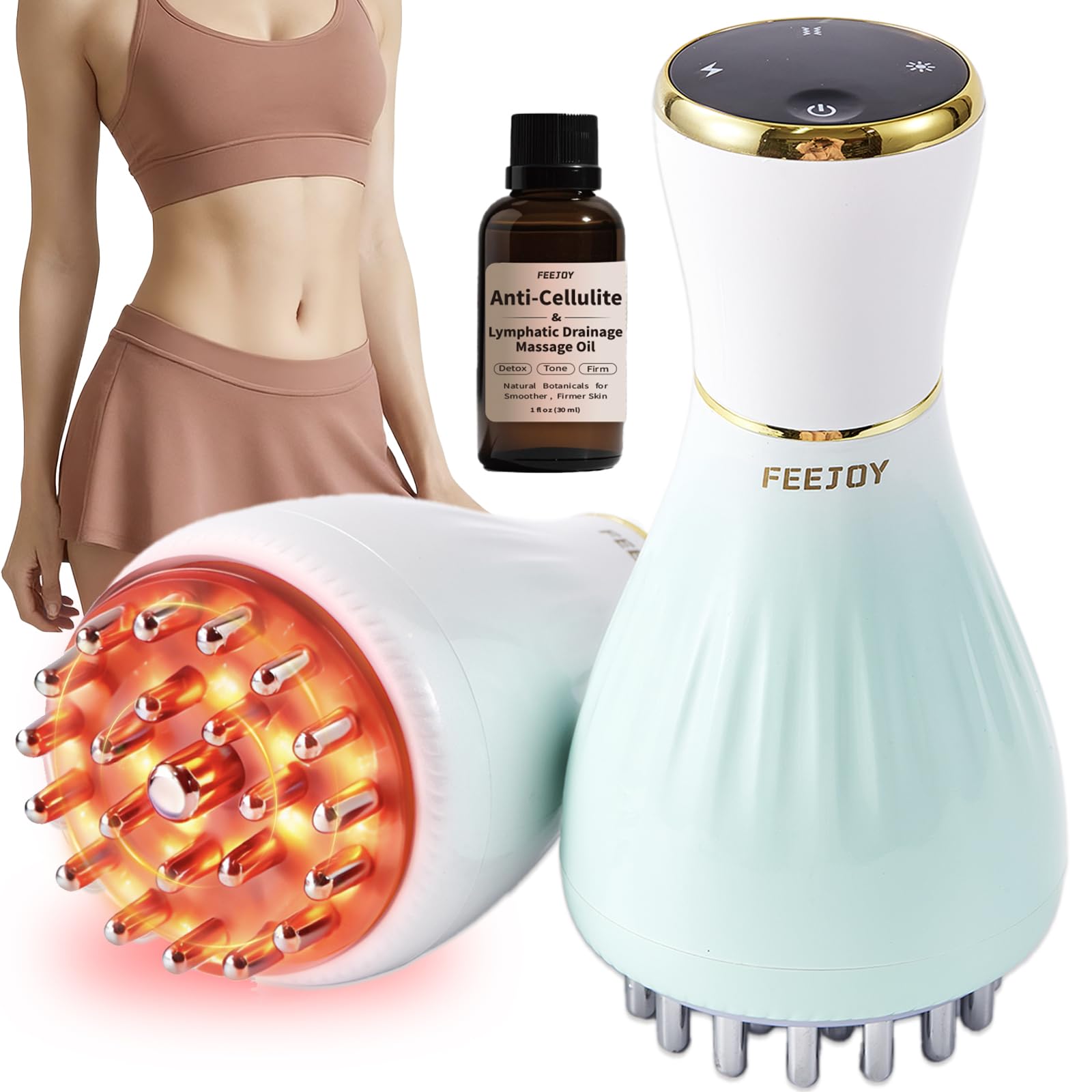 FEEJOY Lymphatic Drainage Massager & Massage Tool with Cellulite Oil, Body Sculpting Machine & Fascia Blaster for Cellulite with Microcurrent, Light, Heat & Vibration, for Legs, Arms & Belly FEEJOY buy supplements Au