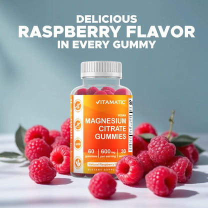 Vitamatic Magnesium Gummies 600mg per Serving – 60 Vegan Count for Relaxation, Muscle, Bone, and Energy Support