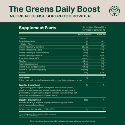 Proper, The Greens Daily Boost Organic Greens Powder. Whole Food, Apple Flavour Veggie Powder Superfood with Wheatgrass, Spirulina, Chlorella, Probiotics.