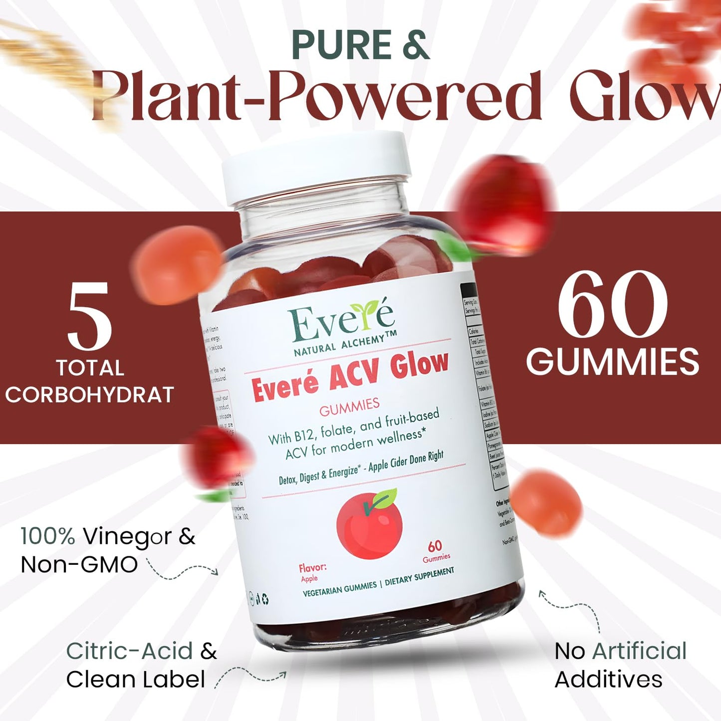 Everé ACV Glow Gummies – Apple Cider Vinegar with B12, B6, Iodine, Folate, Beetroot & Pomegranate – Daily Wellness Support for Energy & Balance The EverÉ Natural Alchemy buy supplements Au
