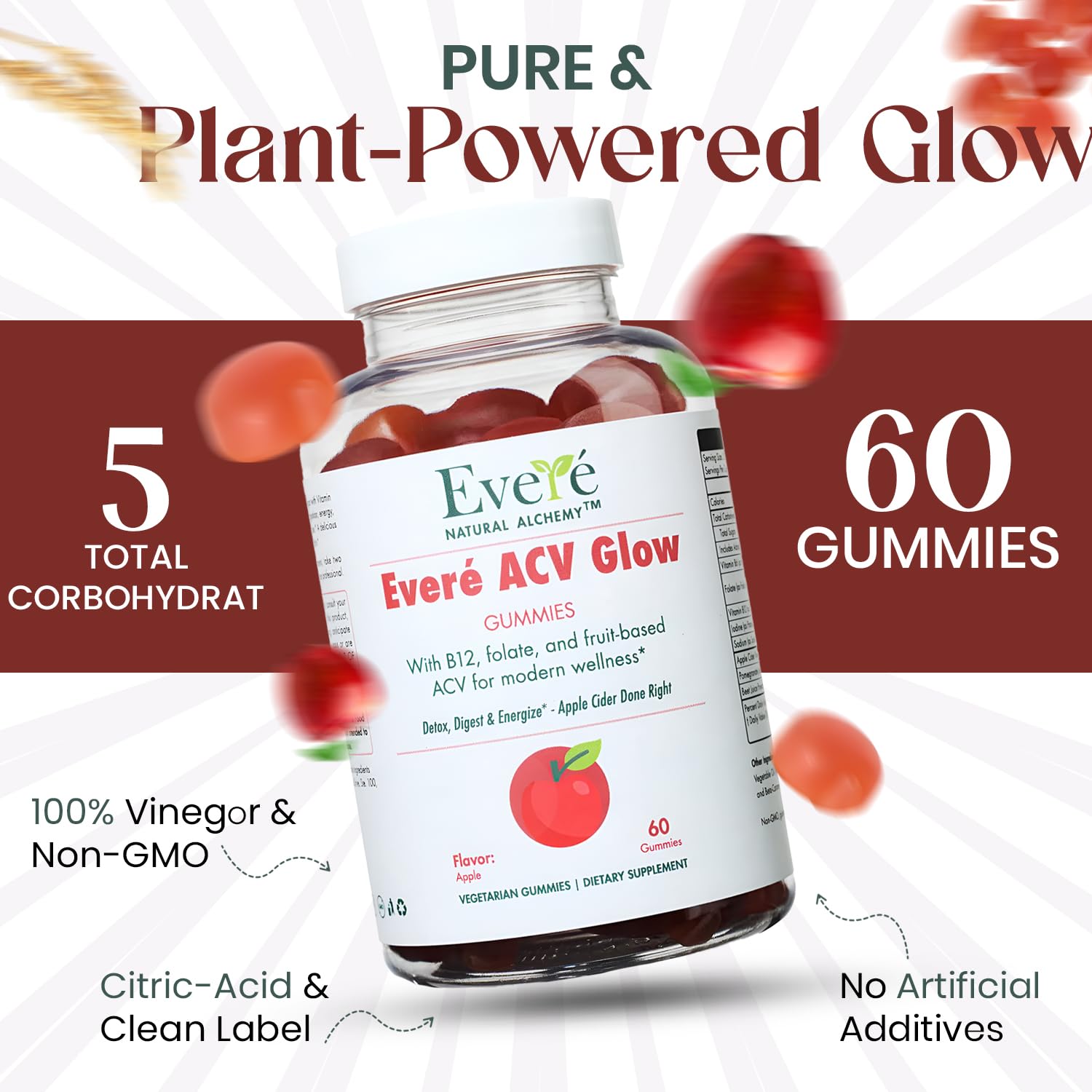 Everé ACV Glow Gummies – Apple Cider Vinegar with B12, B6, Iodine, Folate, Beetroot & Pomegranate – Daily Wellness Support for Energy & Balance The EverÉ Natural Alchemy buy supplements Au