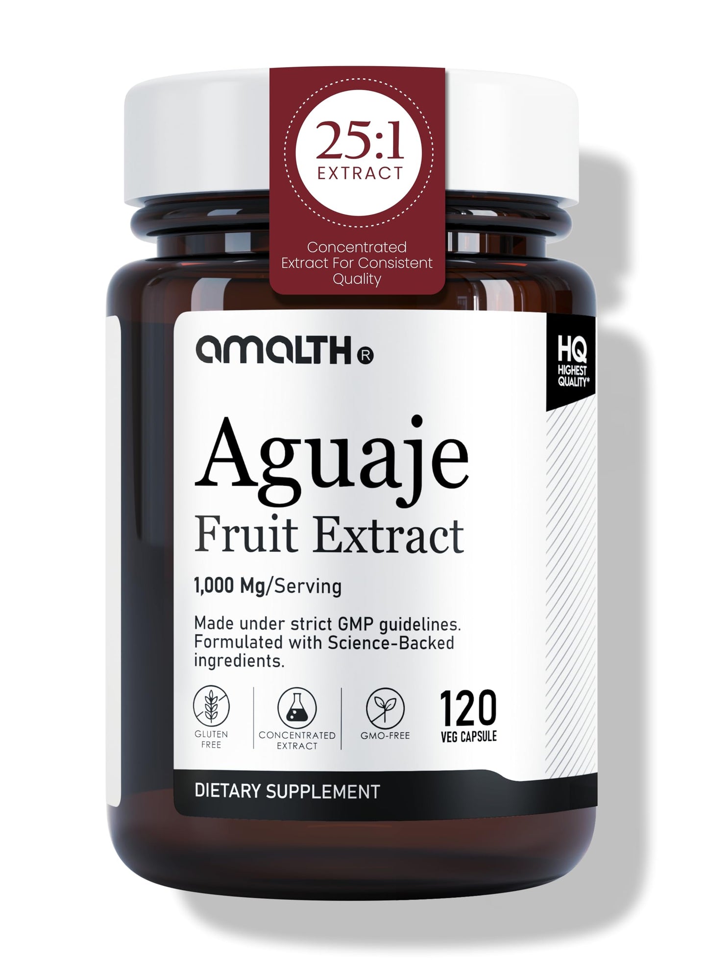 Amalth Aguaje Fruit Extract supplement bottle on a white background