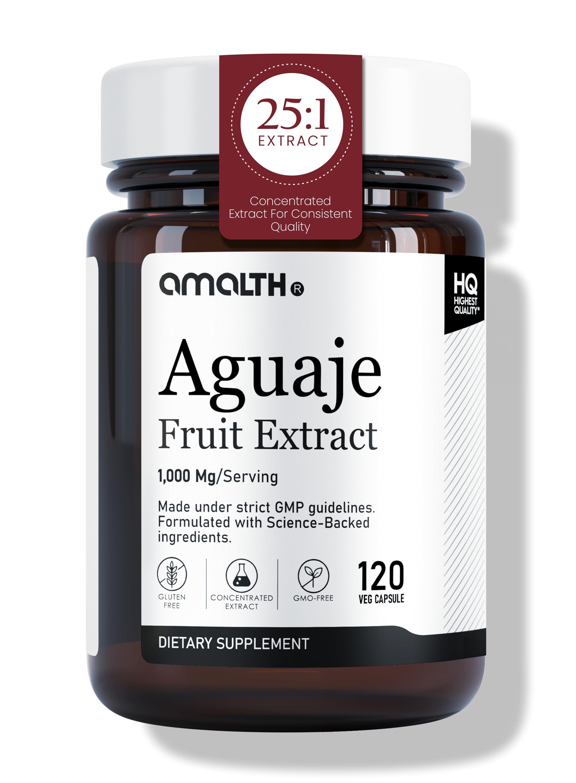 Amalth Aguaje Fruit Extract supplement bottle on a white background