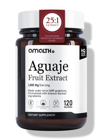 Amalth Aguaje Fruit Extract supplement bottle on a white background