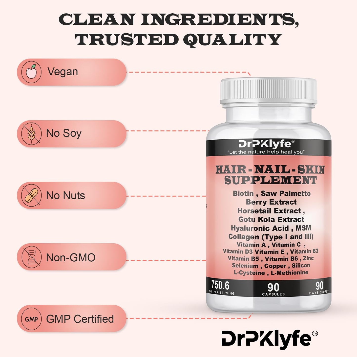 DrPKLyfe Hair, Nail and Skin Supplement Capsules:Biotin, Collagen, Collagen Peptides, Acid Hyaluronic, Biotin, Vitamin A, C, B5, B6 Saw Palmetto & More - 90 Capsules. DrPKLyfeBuy Supplements Australia