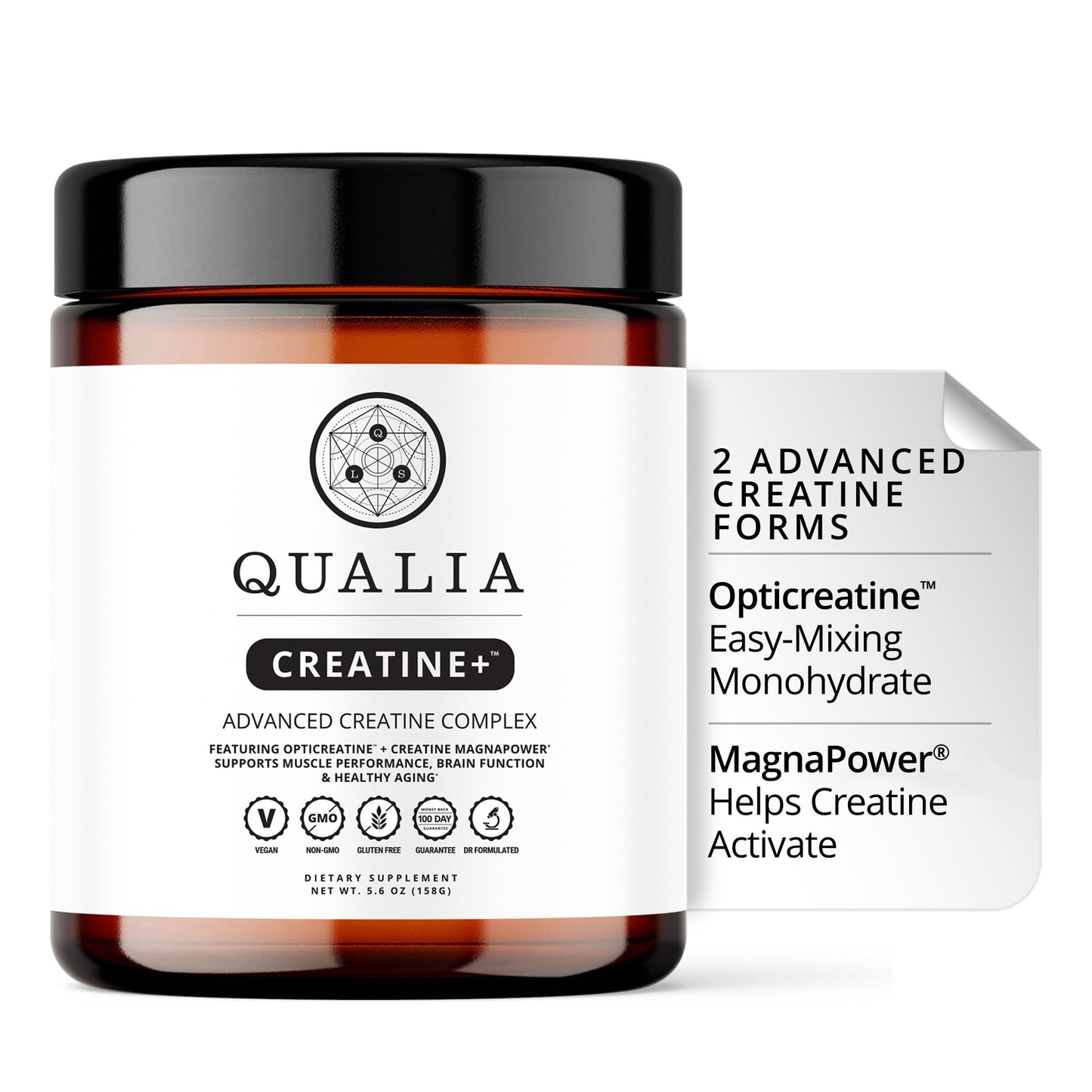 Qualia Creatine+ supplement jar with a white label on a white background