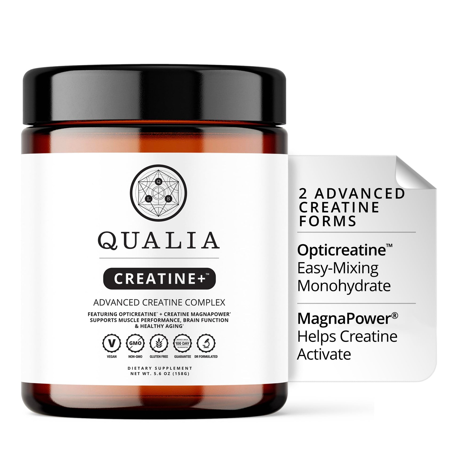 Qualia Creatine+ supplement jar with a white label on a white background