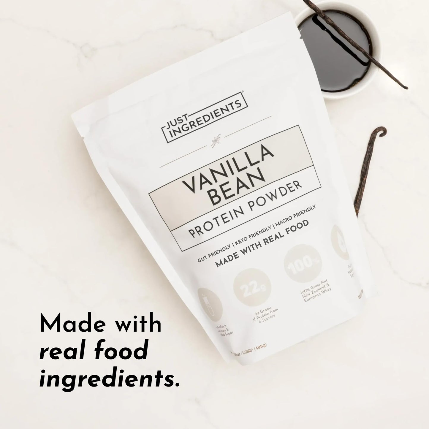 JUST INGREDIENTS Vanilla Protein Powder - Grass-Fed Whey Blend, Organic, Gluten Free, Dairy Free, Soy Free - 15 Servings, 22g Protein