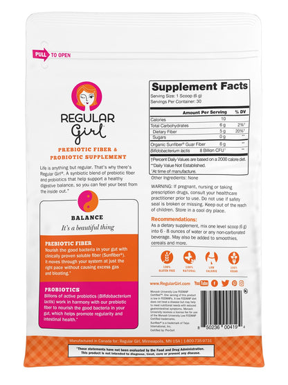 Regular Girl Organic Powder, Prebiotic Fiber Supplement and Probiotics for Women, Low FODMAP, 30 Servings, Unflavored