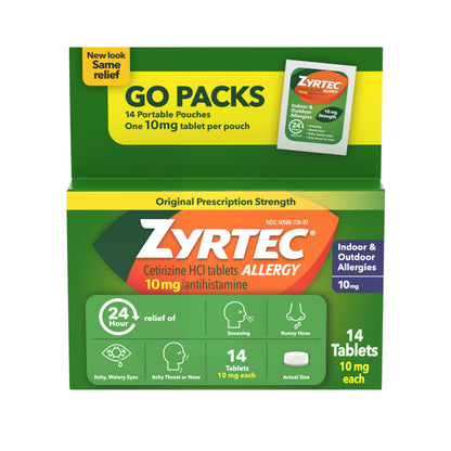 Zyrtec 24 Hour Allergy Relief Tablets, Antihistamine Indoor & Outdoor Anti Allergy Medicine + Cetirizine HCl, Relief from Runny Nose, Sneezing, & Itchy Eyes, Single Packs, 14 x 1 ct Packets Zyrtec buy supplements Au