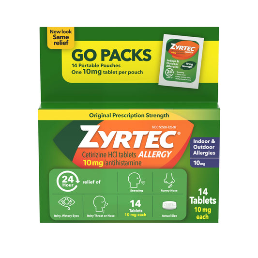 Zyrtec 24 Hour Allergy Relief Tablets, Antihistamine Indoor & Outdoor Anti Allergy Medicine + Cetirizine HCl, Relief from Runny Nose, Sneezing, & Itchy Eyes, Single Packs, 14 x 1 ct Packets Zyrtec buy supplements Au