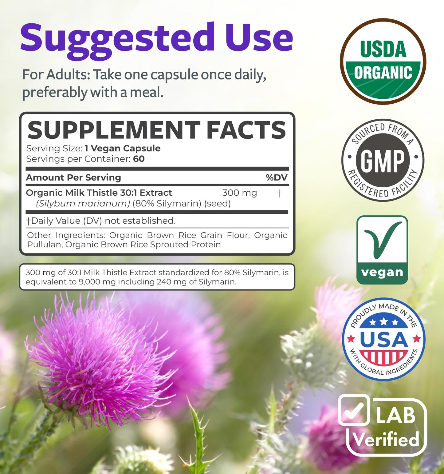 USDA Organic Milk Thistle Capsules - 80% Silymarin Supplement for Liver Support- Super Concentrated 300mg of 30:1 Milk Thistle Extract Equivalent to 9,000mg - Milk Thistle Liver Detox 60 Day Supply PURE CO buy supplements Au