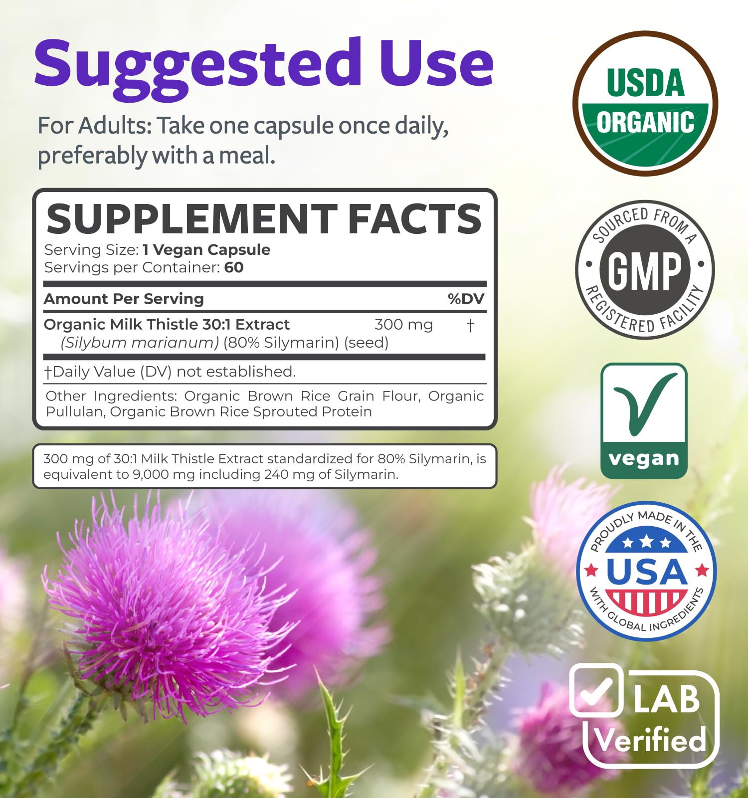 USDA Organic Milk Thistle Capsules - 80% Silymarin Supplement for Liver Support- Super Concentrated 300mg of 30:1 Milk Thistle Extract Equivalent to 9,000mg - Milk Thistle Liver Detox 60 Day Supply PURE CO buy supplements Au