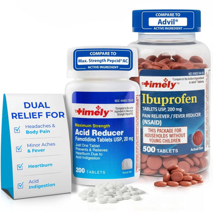 TIME-Cap Labs Ibuprofen 200mg (500 Tablets) & Famotidine 20mg Acid Reducer (200 Tablets) Bundle - Fever, Pain Reliever Pills for Headaches & Heartburn Relief Medicine for Acid Reflux & Indigestion TIME-CAP LABS, INC.Buy Supplements Australia