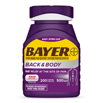 Bayer Back & Body 500mg Aspirin Plus Caffeine for Powerful Pain Relief, 200 Coated Caplets Bayer buy supplements Au