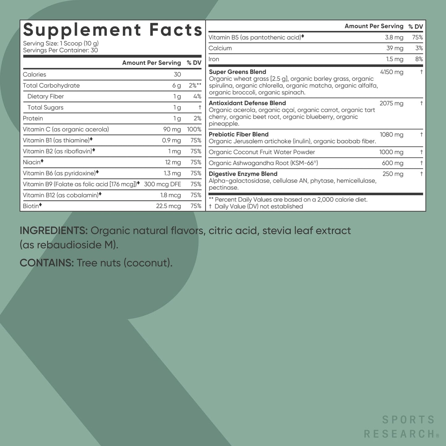 Sports Research® Organic Greens Superfood Powder w/Spirulina & Chlorella, Adaptogens, Enzymes, Probiotics & 8 VIT Bs for Gut & Mood Support* - Vegan, Sugar-Free & Low-Cal Original 30 Servings Sports Research buy supplements Au