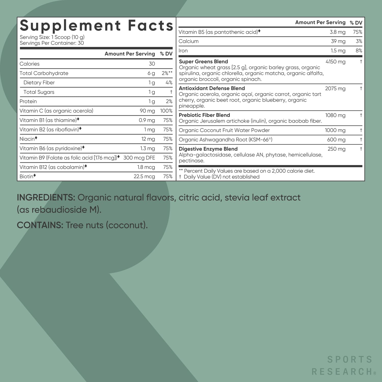 Sports Research® Organic Greens Superfood Powder w/Spirulina & Chlorella, Adaptogens, Enzymes, Probiotics & 8 VIT Bs for Gut & Mood Support* - Vegan, Sugar-Free & Low-Cal Original 30 Servings Sports Research buy supplements Au