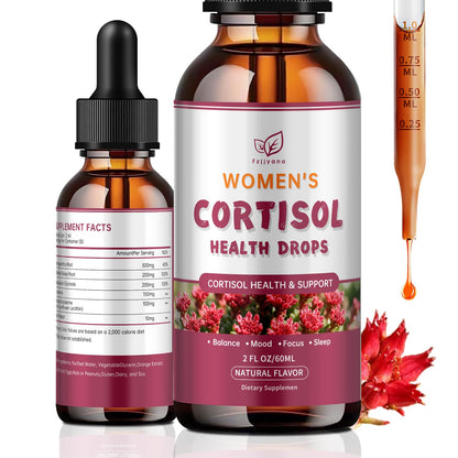 Bottle of 'Women's Cortisol Health Drops' with dropper and label on a white background