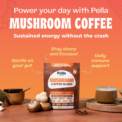 Pella Nutrition Mushroom Coffee – Lions Mane, Reishi, Chaga, Cordyceps, Shiitake, Maitake, and Turkey Tail Mushroom Supplement – Superfood Instant