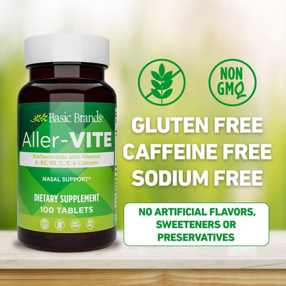 Basic Brands Aller Vite Nasal Support Tablets for Seasonal Allergy Relief, High Bioflavonoid Complex with Vitamins and Calcium, Gluten Free Daily Supplement, 100 Tablets Basic Brands buy supplements Au