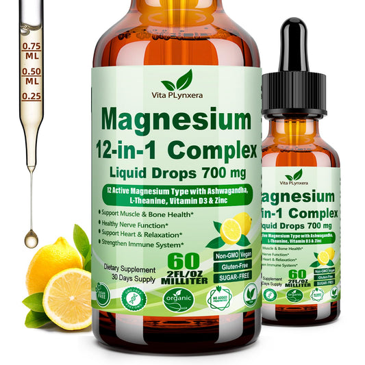 Vita Plynxera Magnesium 12-in-1 Complex Liquid Drops bottle with lemons on a white background