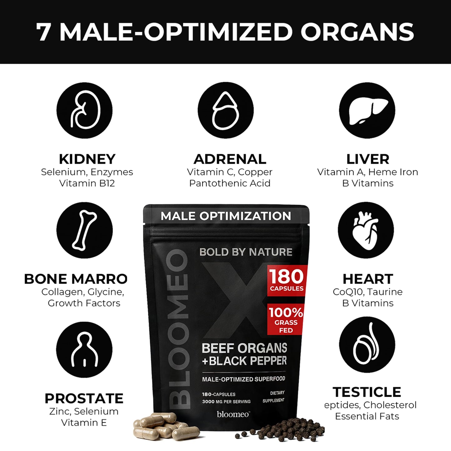 Bloomeo Beef Organ Supplement for Men | 100% Grass Fed Beef Liver Capsules with Bull Testicle, Prostate, Bone Marrow & More X: Ancestral Superfoods for Vital Energy, Immunity & Men’s Health, 180 ct Bloomeo buy supplements Au
