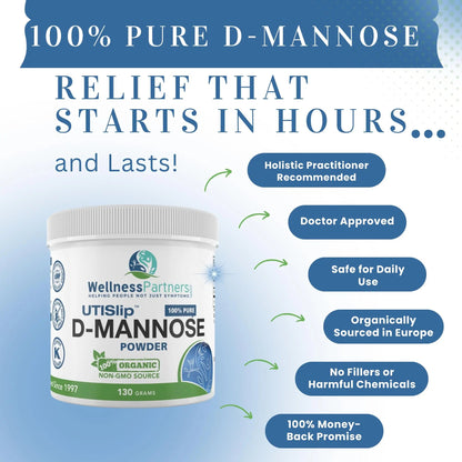 Now New UTI-Slip D Mannose Non GMO Organic Source Powder 130g jar. WellnessPartnersBuy Supplements Australia