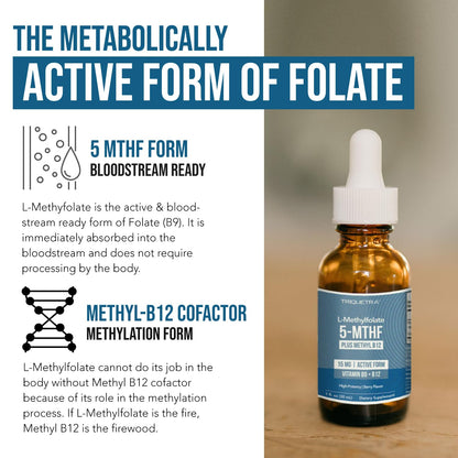 L Methyl Folate 15mg Plus Methyl B12 Cofactor – Organic Berry Flavor, High Potency Liquid Sublingual Active 5-MTHF Form - Supports Mood, Methylation