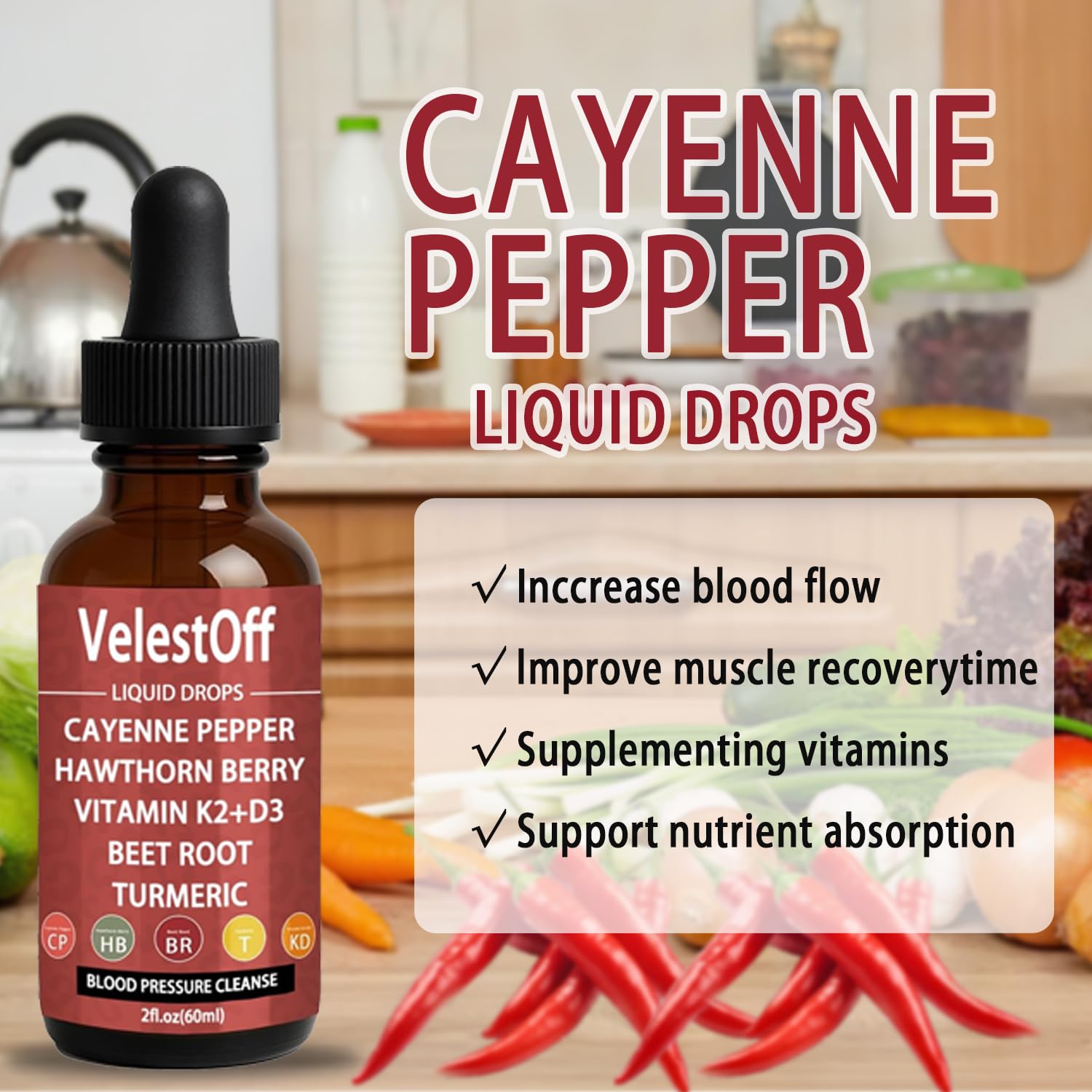 Velestoff Cayenne Pepper & Cayenne Pepper Drops Liquid Supplement with Hawthorn, Beet Root, Turmeric, Vitamin K2 D3 Nutralis buy supplements Au