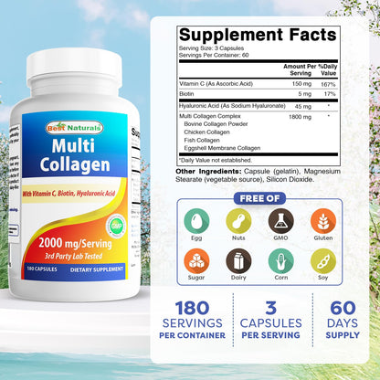 Best Naturals Multi Collagen Pills 2000mg for Women & Men - Hydrolyzed Collagen Peptides Capsules for Hair Skin and Nails with Types I II III V X, Biotin, Hyaluronic Acid & Vitamin C Best Naturals buy supplements Au