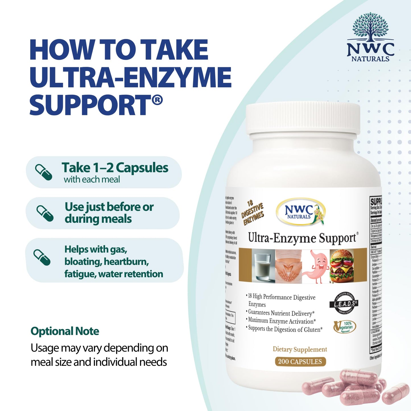 NWC Naturals Ultra-Enzyme Support, Natural Digestive Supplement, Promotes Optimal Health and Digestion, 200 count Capsules