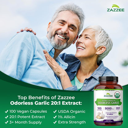 Zazzee USDA Organic Odorless Garlic 20:1 Extract, 1% Allicin, 100 Vegan Capsules, 3+ Month Supply, Allium Sativum, Immune, Circulation & Heart Health Support