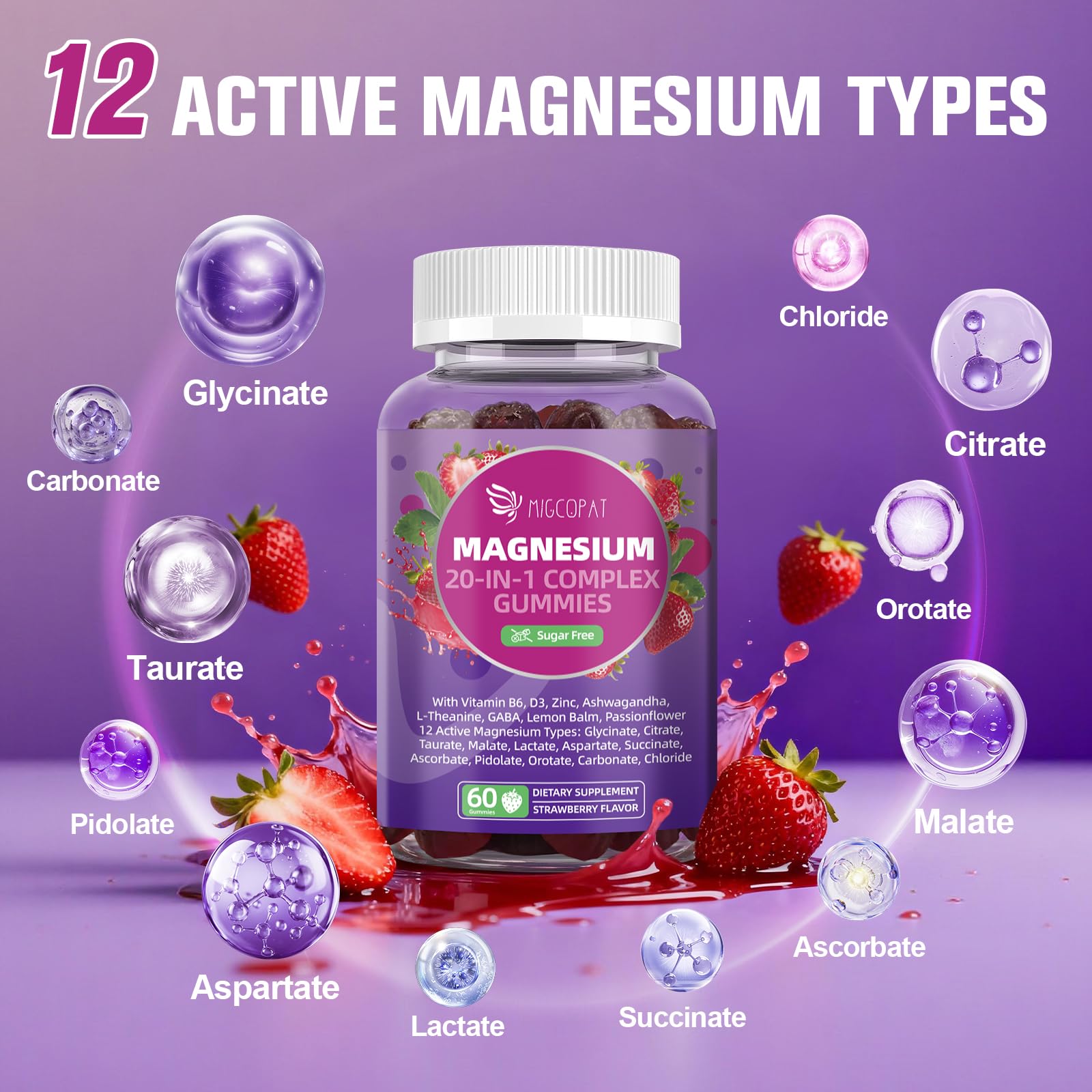 Migcopat Magnesium Complex Gummies, 20 in 1 Magnesium Gummy with Glycinate Citrate Malate Taurate - Ashwagandha, L-Theanine, D3&Zinc for Relaxation, Sleep, Muscle&Heart Support, Strawberry, 60 Cts MigcopatBuy Supplements Australia