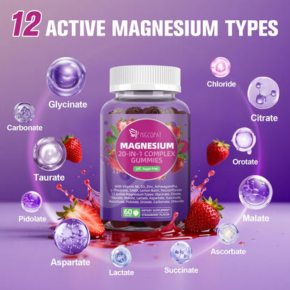 Migcopat Magnesium Complex Gummies, 20 in 1 Magnesium Gummy with Glycinate Citrate Malate Taurate - Ashwagandha, L-Theanine, D3&Zinc for Relaxation, Sleep, Muscle&Heart Support, Strawberry, 60 Cts MigcopatBuy Supplements Australia