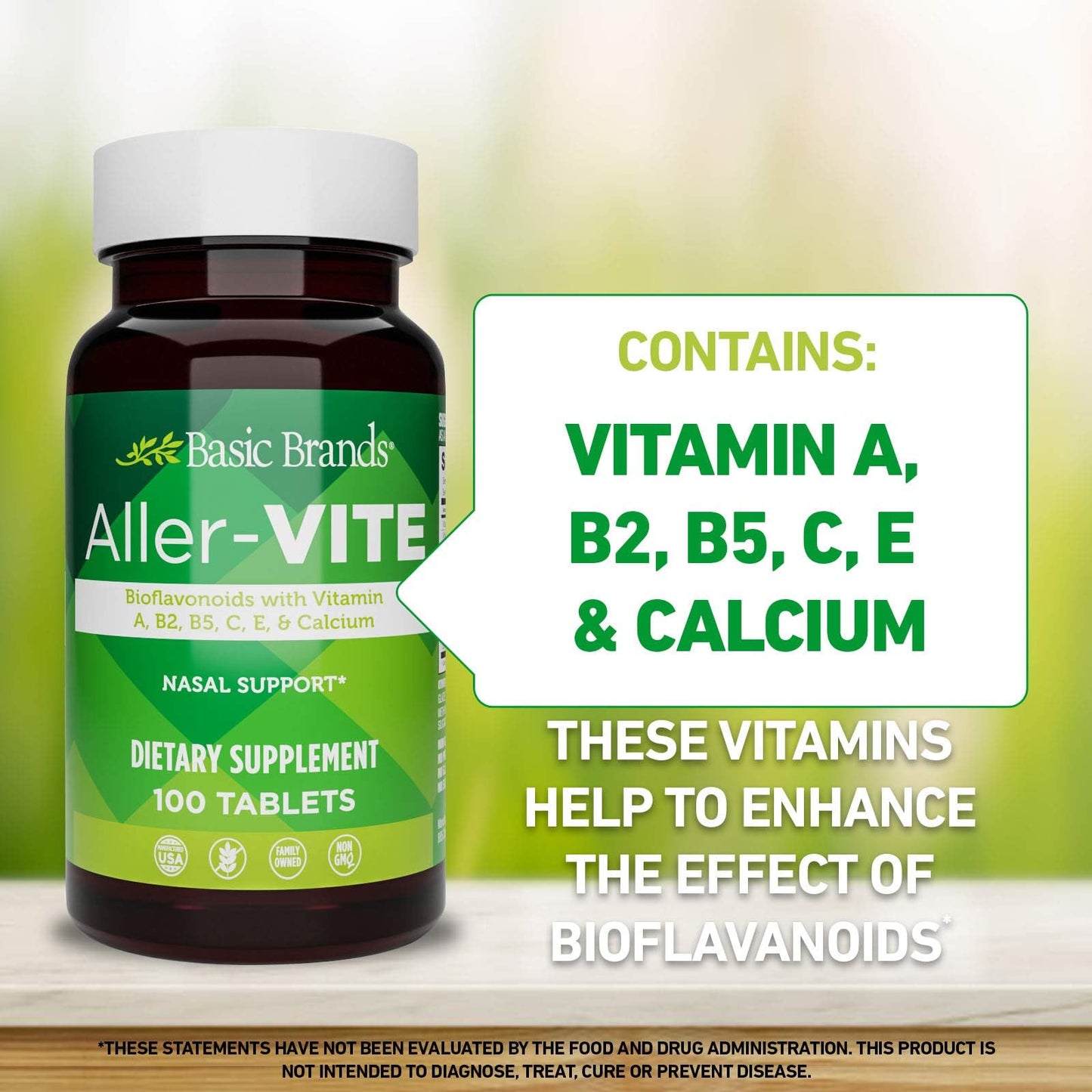 Basic Brands Aller Vite Nasal Support Tablets for Seasonal Allergy Relief, High Bioflavonoid Complex with Vitamins and Calcium, Gluten Free Daily Supplement, 100 Tablets Basic Brands buy supplements Au